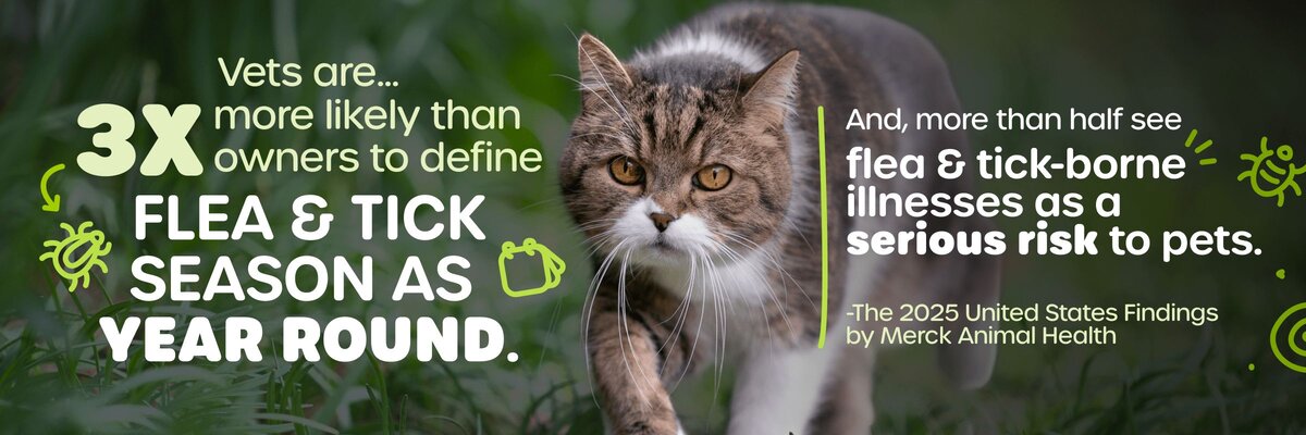 Vets are three times more likely than owners to define flea & tick season as year round. And, more than half see flea & tick-borne illnesses as a serious risk to pets. -The 2025 United States Findings by Merck Animal Health
