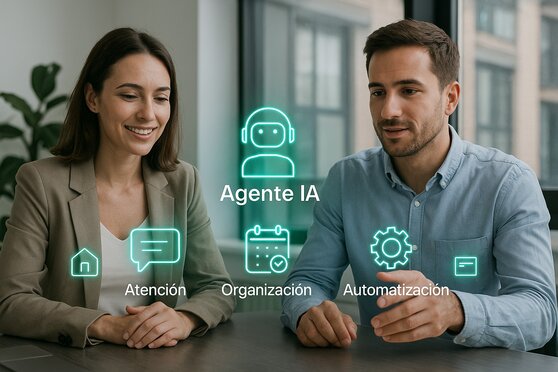 2 personas felices viendo un holograma de funciones de agentes de IA