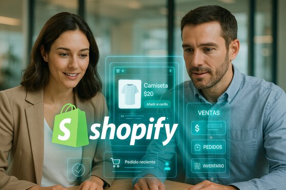 2 personas felices viendo un holograma de un agente de IA en Shopify