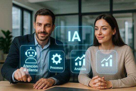 2 personas felices viendo un holograma de soluciones de inteligencia artificial