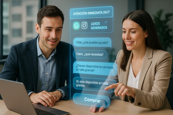 2 personas felices viendo su chat bot generar ventas.