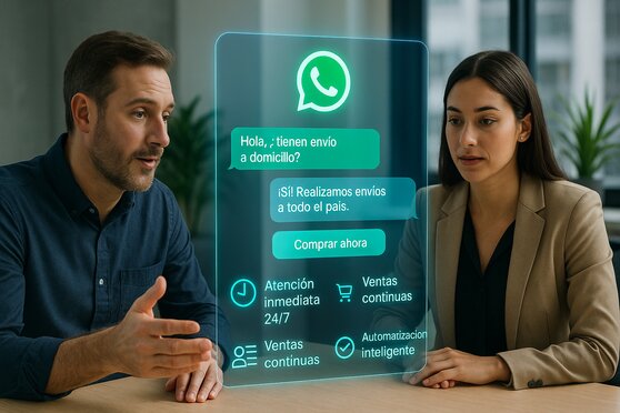 2 personas felices viendo un holograma de funciones de agentes de IA