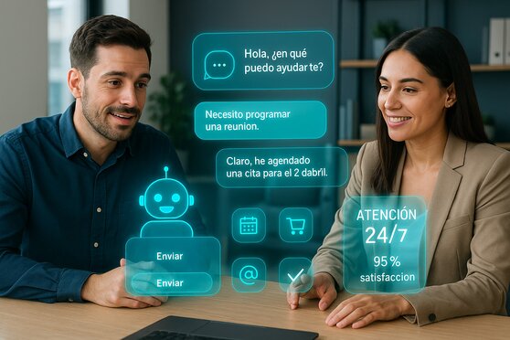 2 personas felices viendo un holograma de funciones de agentes de IA