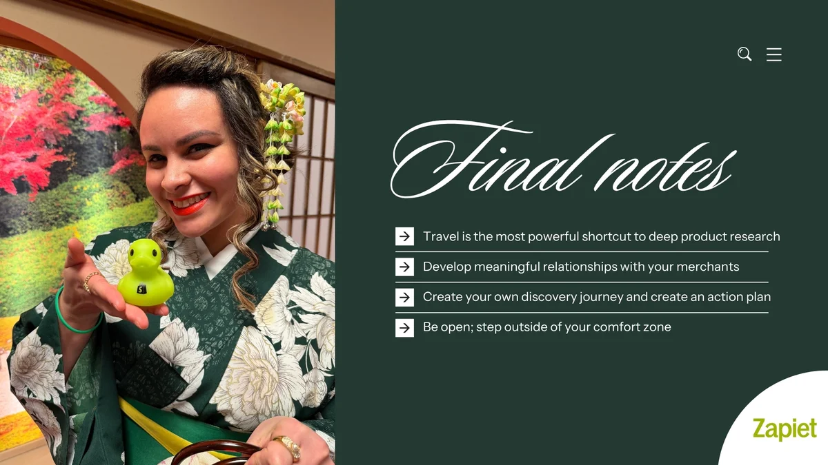 Final notes slide: Emili in Japan holding a small green rubber duck with a Shopify logo, beside the four closing takeaways.