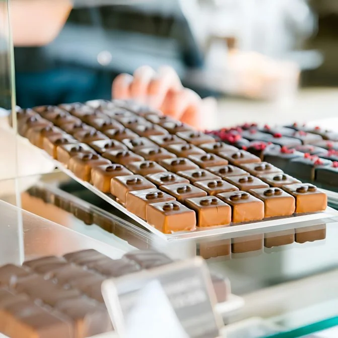 Rows of handmade Belgian chocolate pralines on display at Gomagott chocolaterie in Torshavn, Faroe Islands.