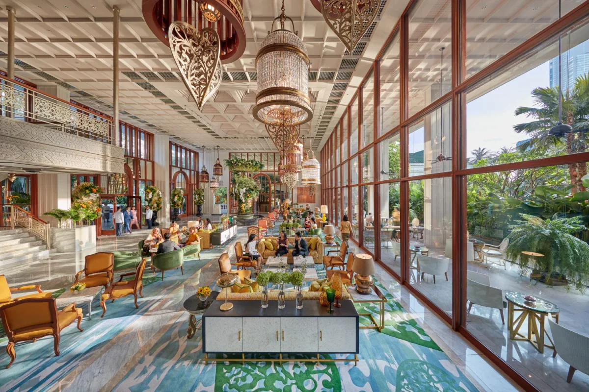 Luxurious hotel lobby at Mandarin Oriental with warm lighting and elegant interior design.