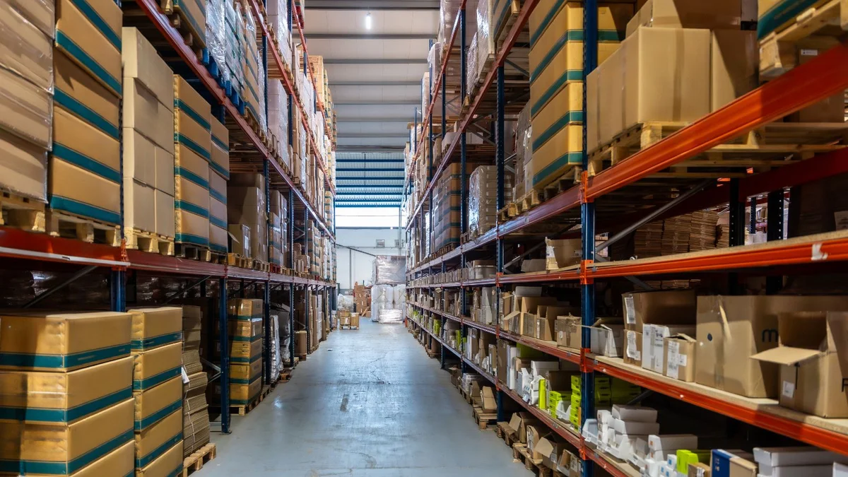 Shelves of packed orders and stock in a Shopify merchant's back room ahead of Black Friday