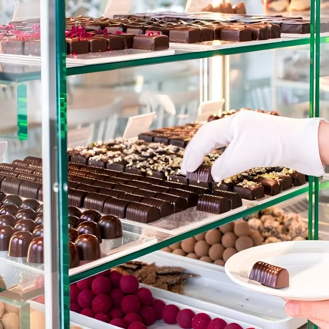 A gloved hand arranging handmade chocolates on a display case shelf at Gomagott chocolaterie, with trays of pralines, truffles, and assorted chocolates on multiple levels.