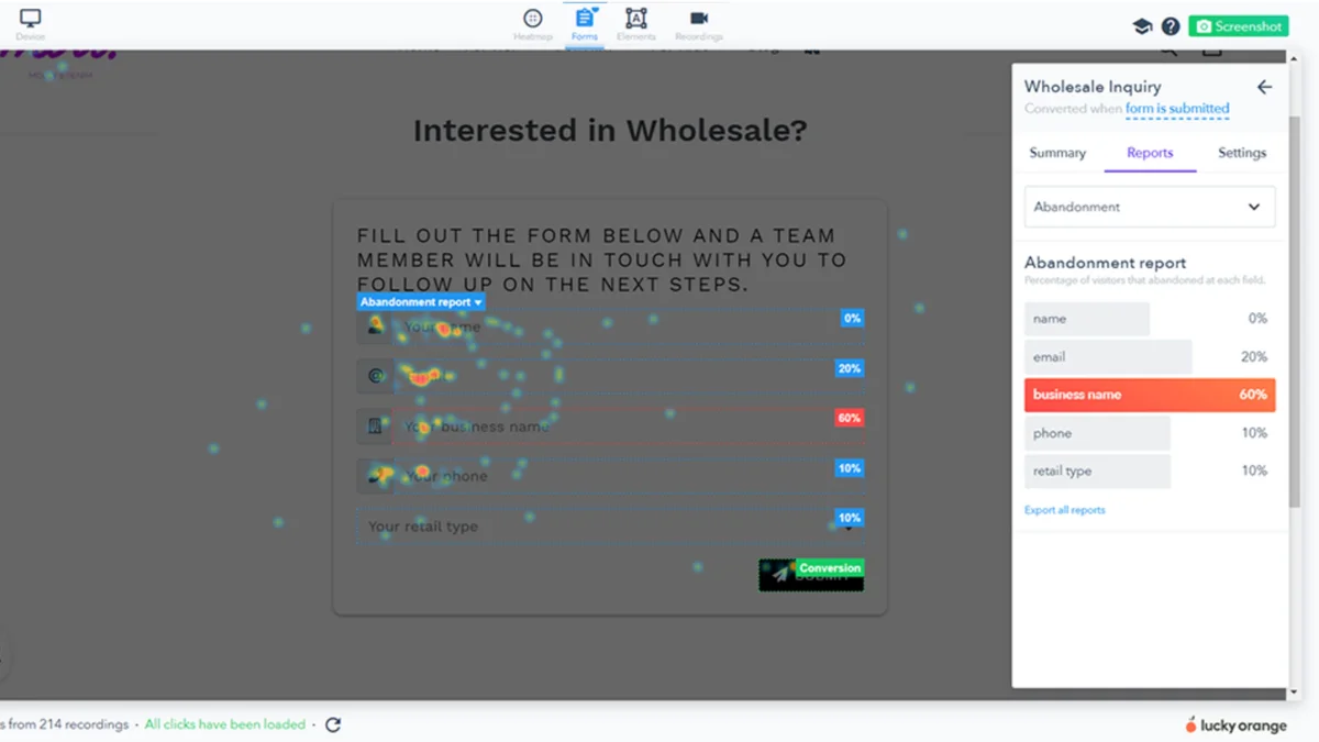 Here’s what a form abandonment report looks like inside Lucky Orange
