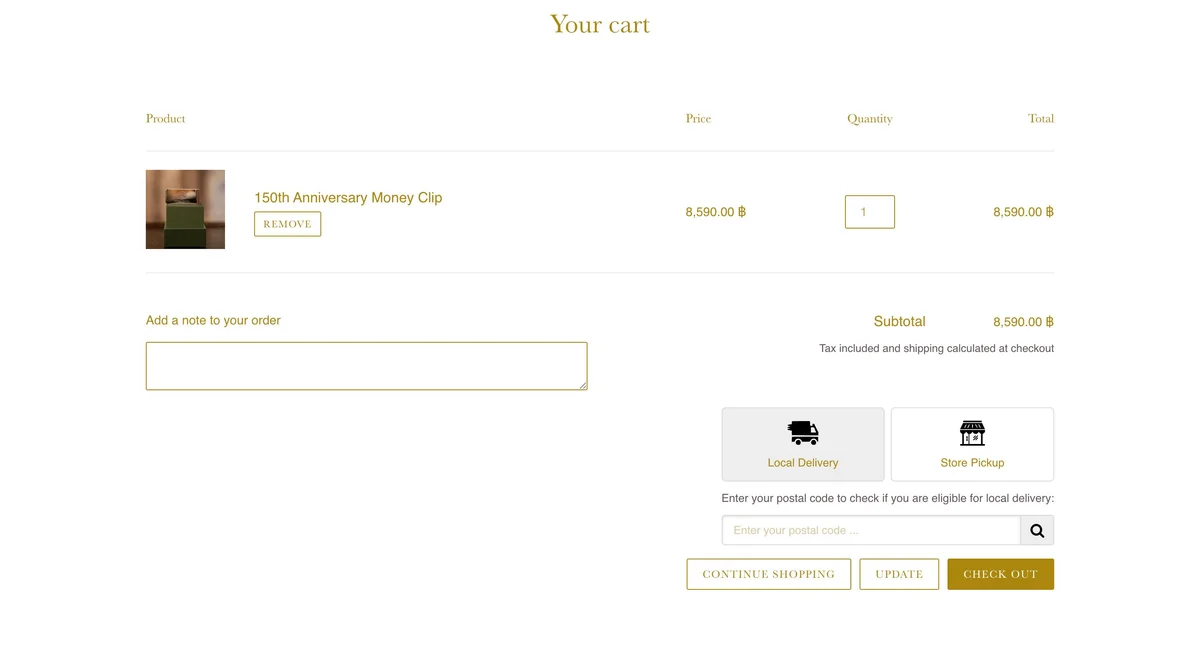 `Zapiet Pickup and Delivery widget on Mandarin Oriental Shopify checkout page showing local delivery and store pickup options.`