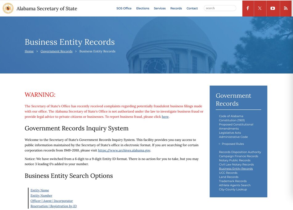 The Alabama Secretary of State website allows you to search for business entities a few different ways.