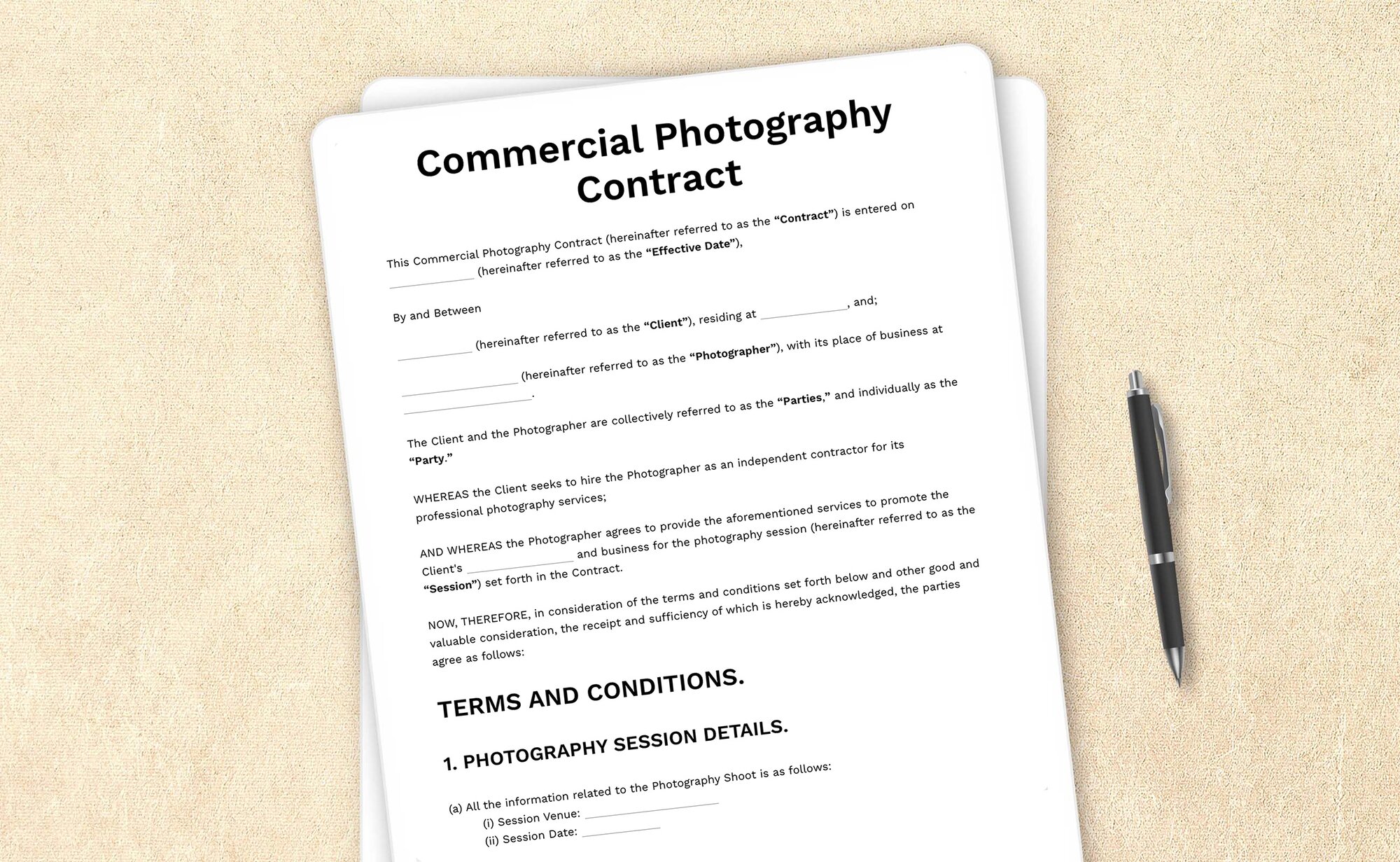 Template for a commercial photography contract specifying terms for a photo shoot.