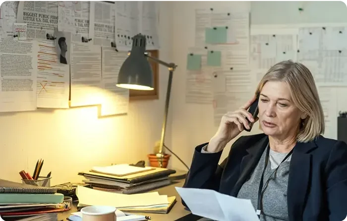 blond woman works at her desk