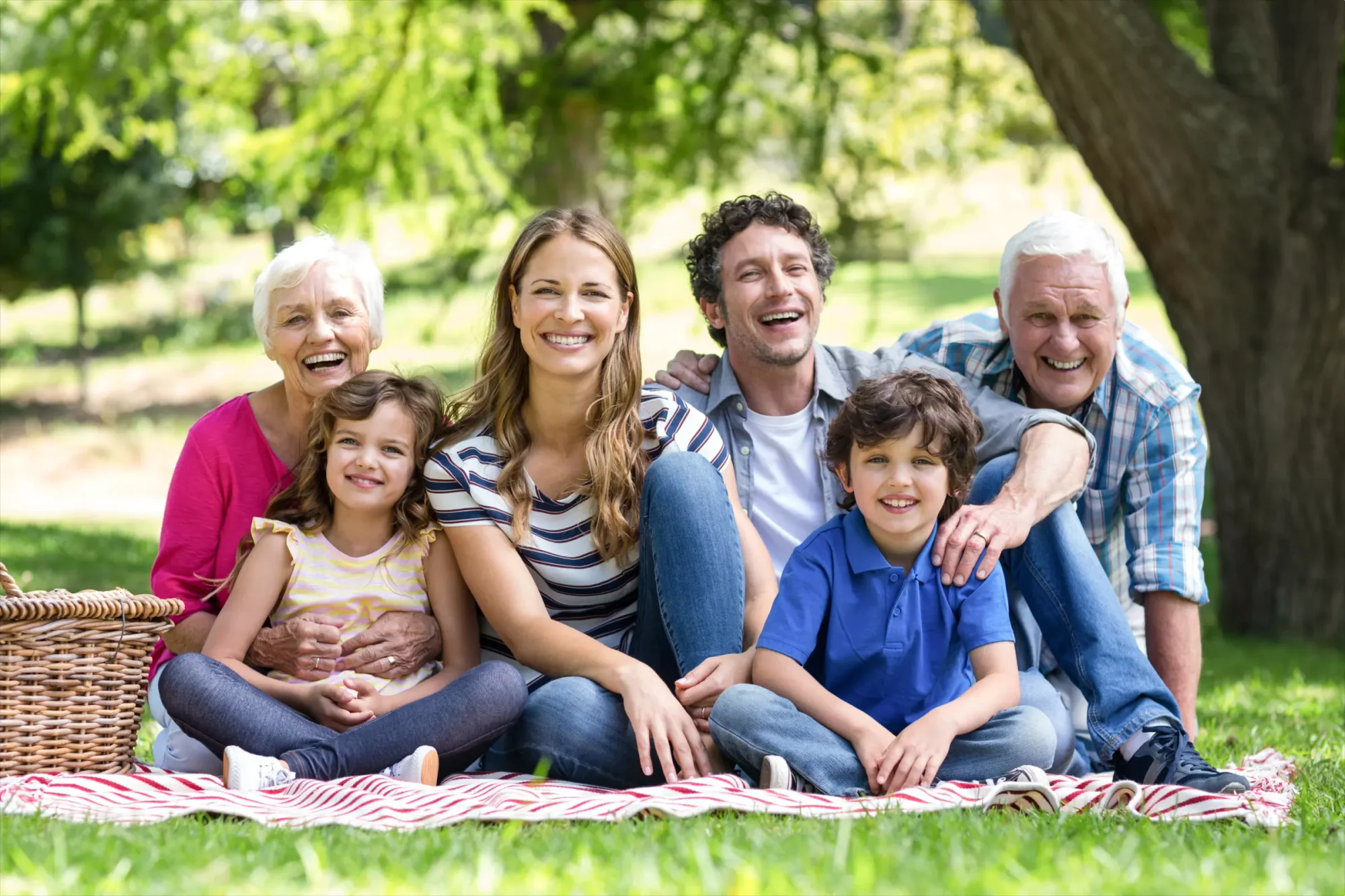 A family including grandparents, husband and wife, and two kids out in a park for a family picnic, illustrating the concept of contingent beneficiaries.