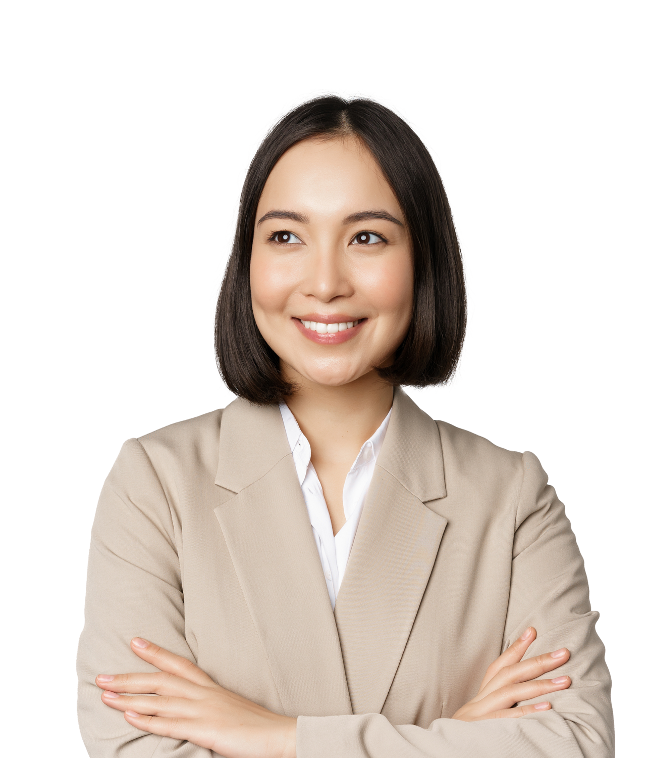 A family law attorney standing and smiling with her arms crossed with assist badge
