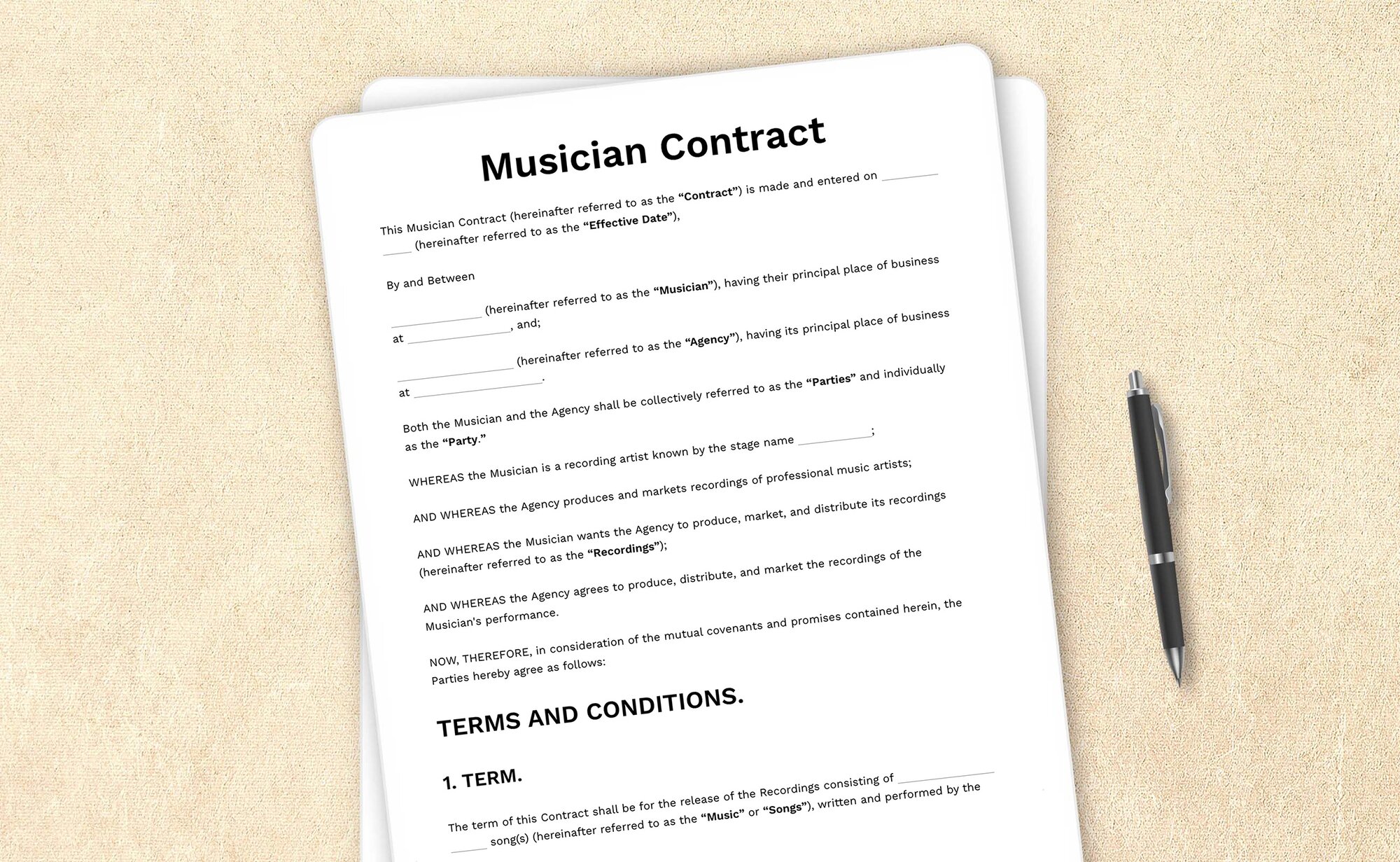 Sample musician contract template for hiring musicians for performances.