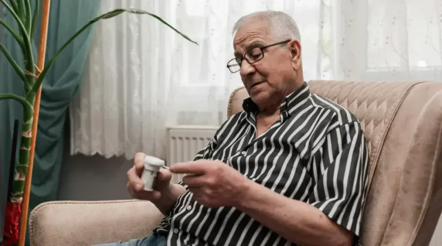 An Oregon man sits in a comfy chair and reads instructions for his medication.