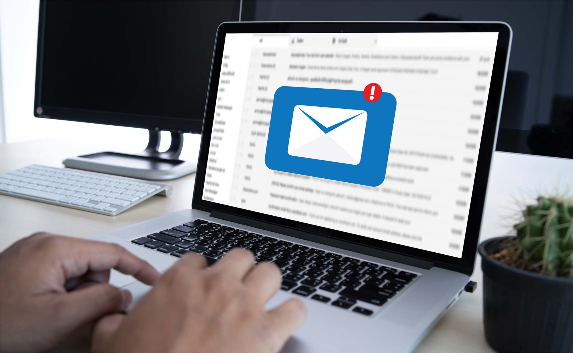 An image of a new and important email popping up on a laptop screen, while the employee is working.