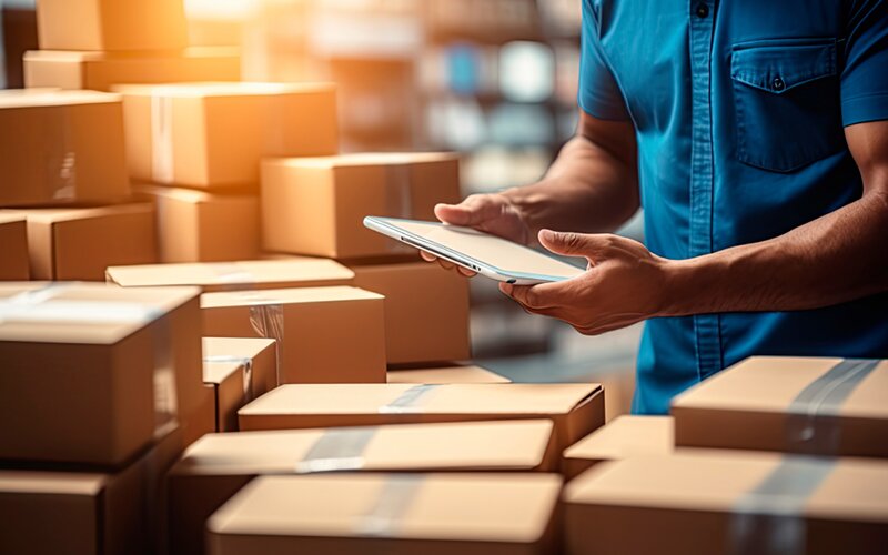 An image of a man standing in between boxes to be distributed and checking a tab.