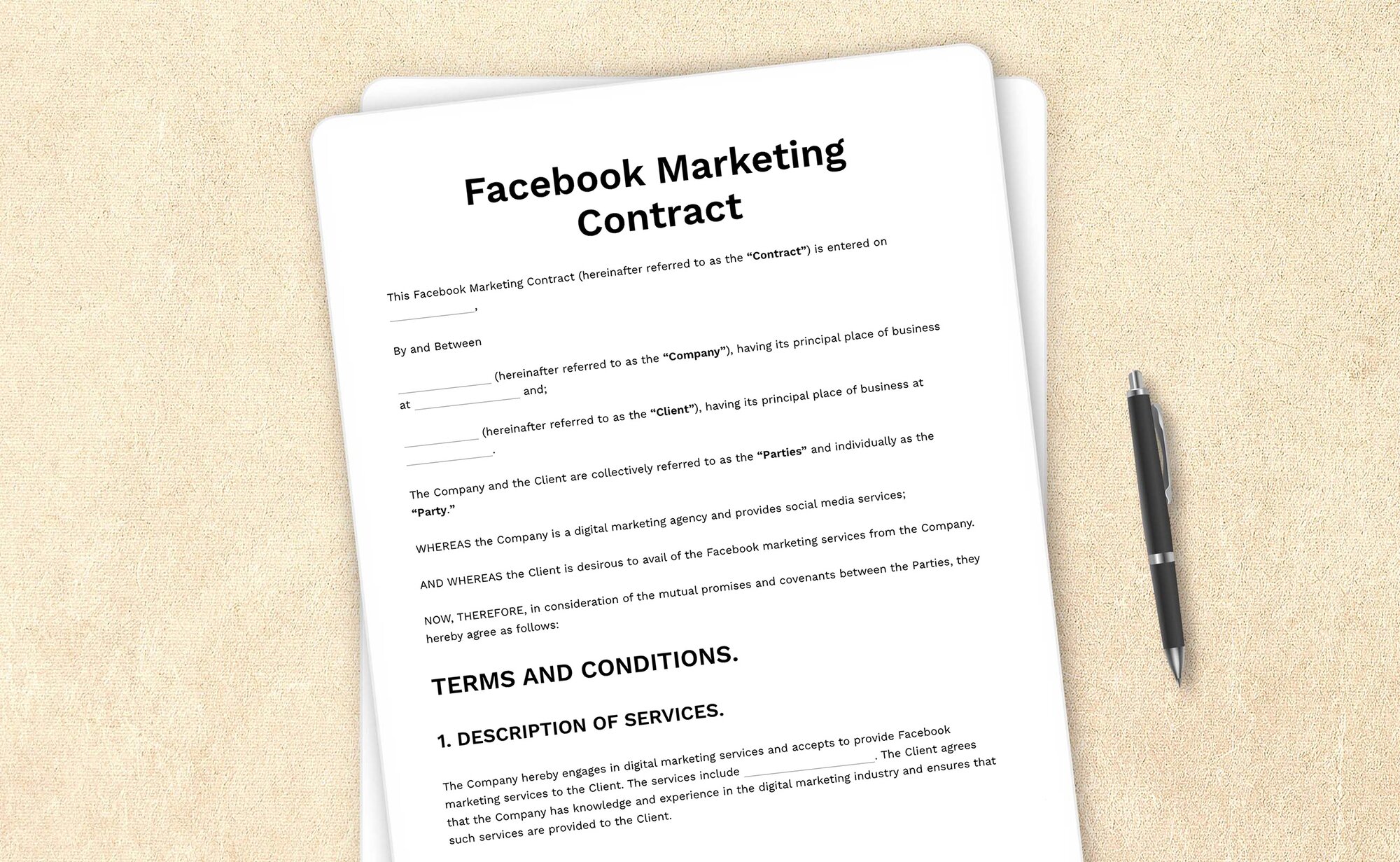 Template for a Facebook marketing contract specifying terms for Facebook campaigns.