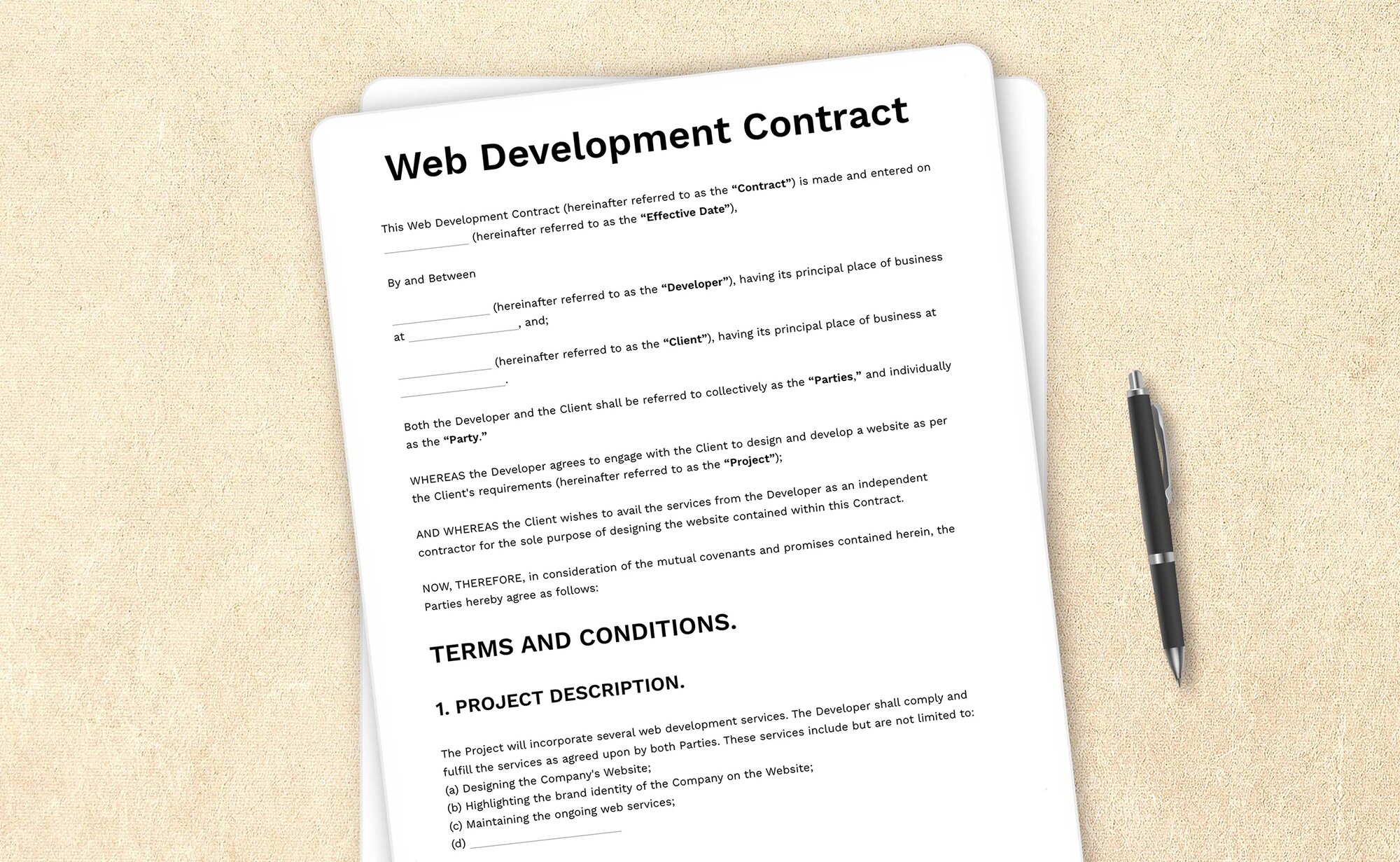 Template for a web development contract specifying website creation and maintenance terms.