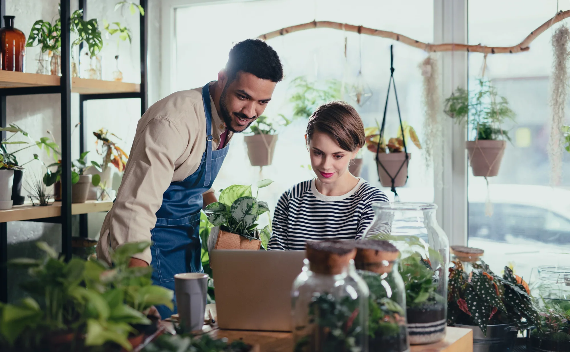 Smiling young man wearing a denim apron and a woman in a striped shirt inside a plant store, surrounded by hanging plans and greenery, looking towards a laptop.