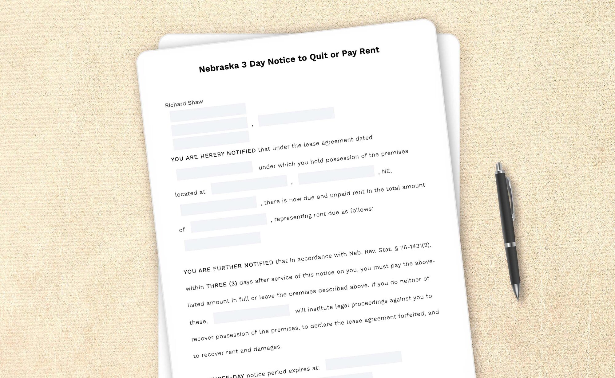 Nebraska three-day notice to pay rent or quit template by LegalZoom. Create and download notices easily!