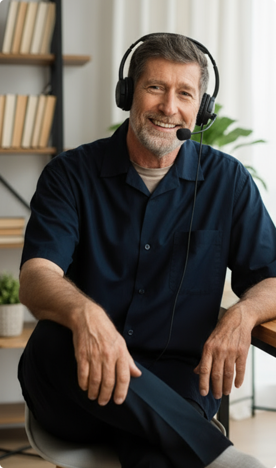 Gray-haired man with head set on, ready to take calls