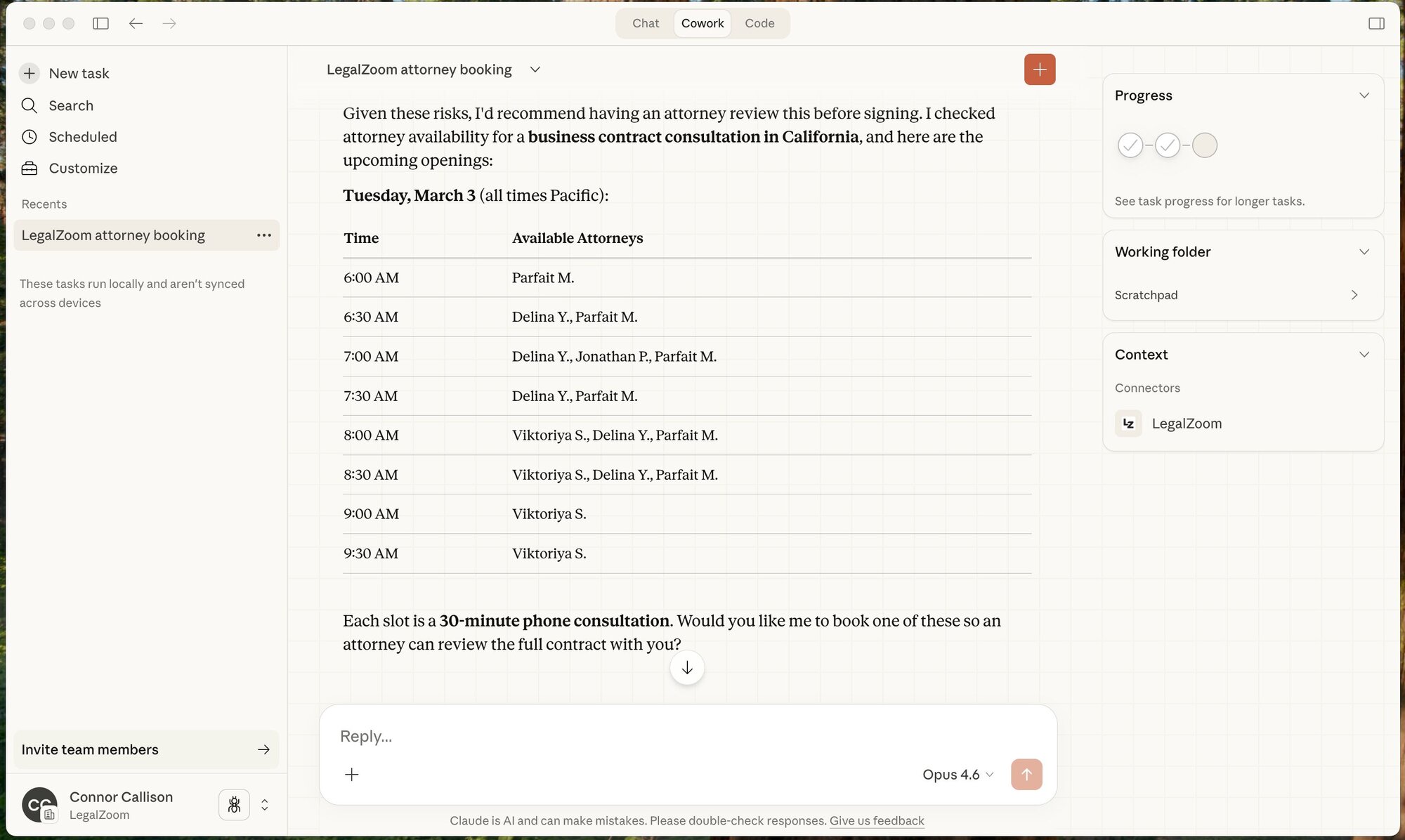 A screenshot of the Claude LegalZoom Connector in practice.