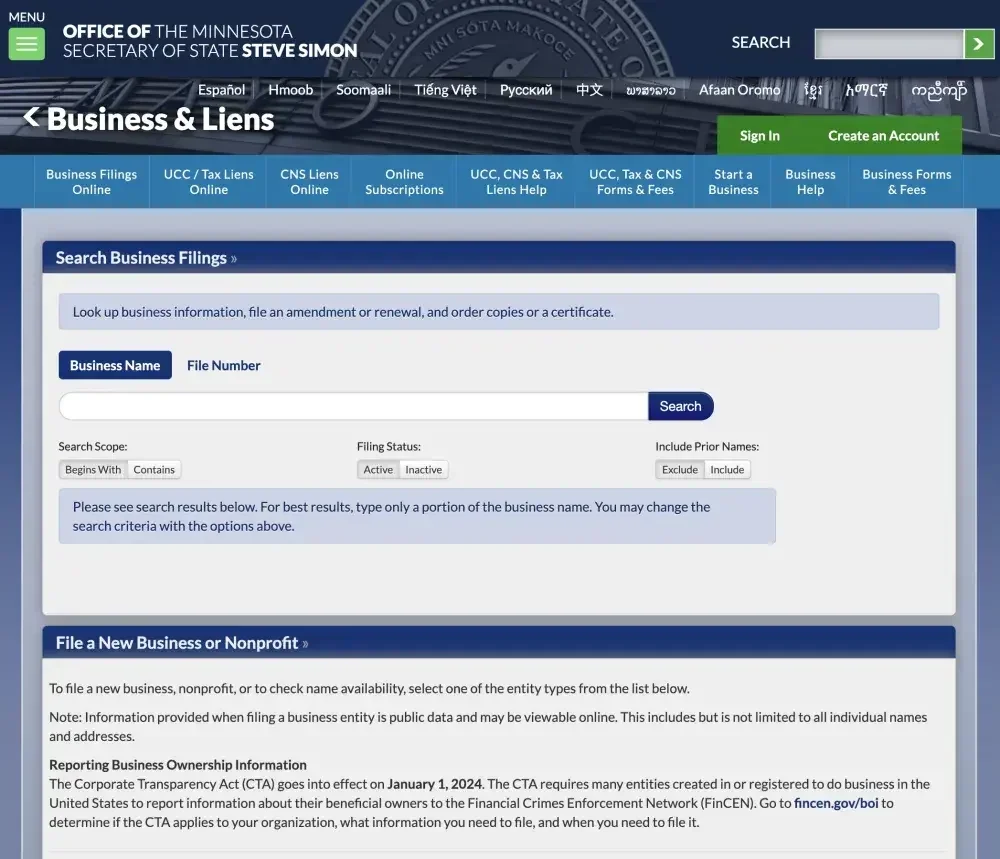 The Business & Liens landing page for the Minnesota Secretary of State