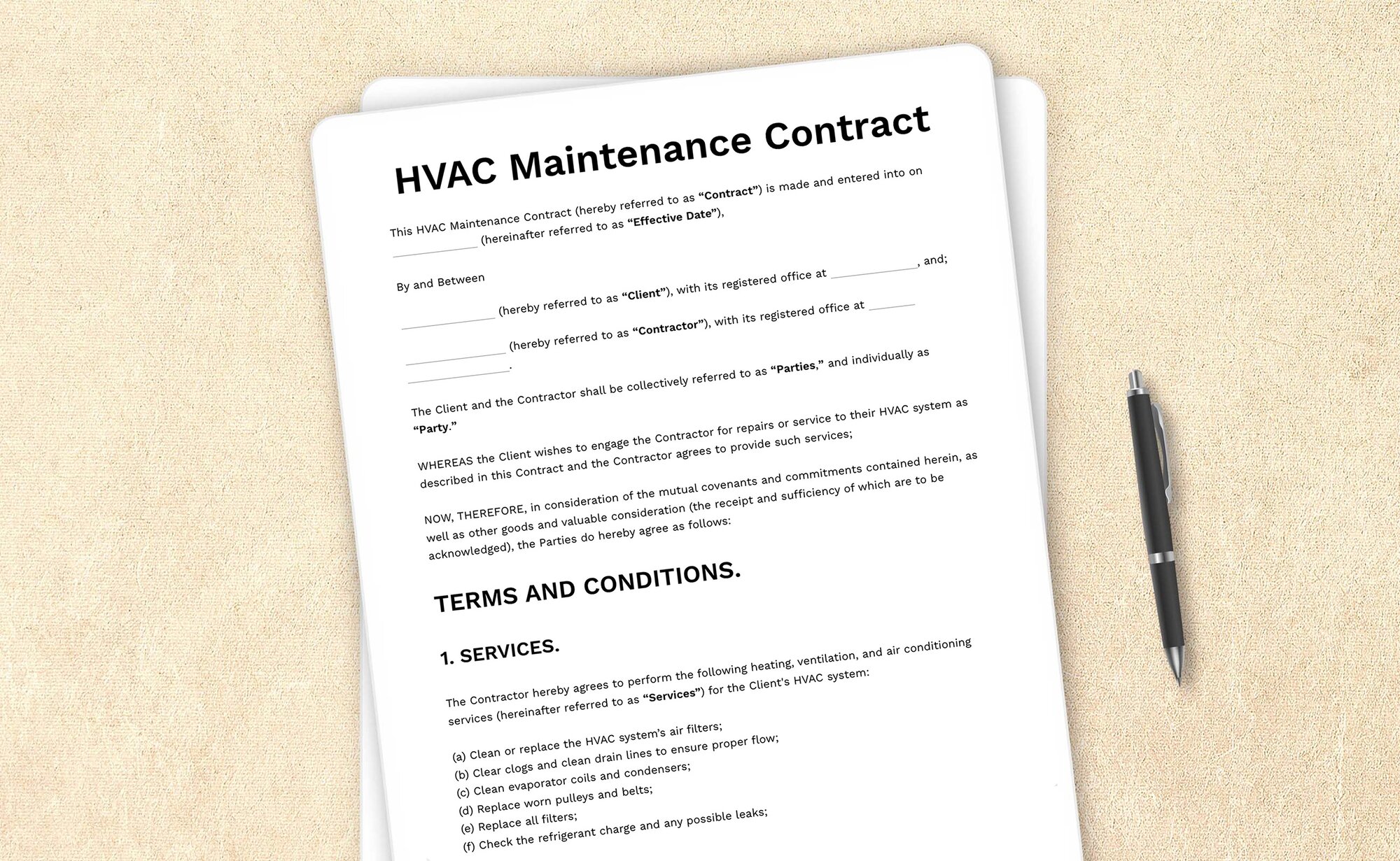 Template for an HVAC maintenance contract specifying terms for system upkeep services.