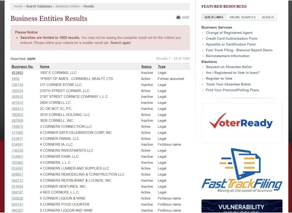 A screenshot of the Iowa business entities search results page.
