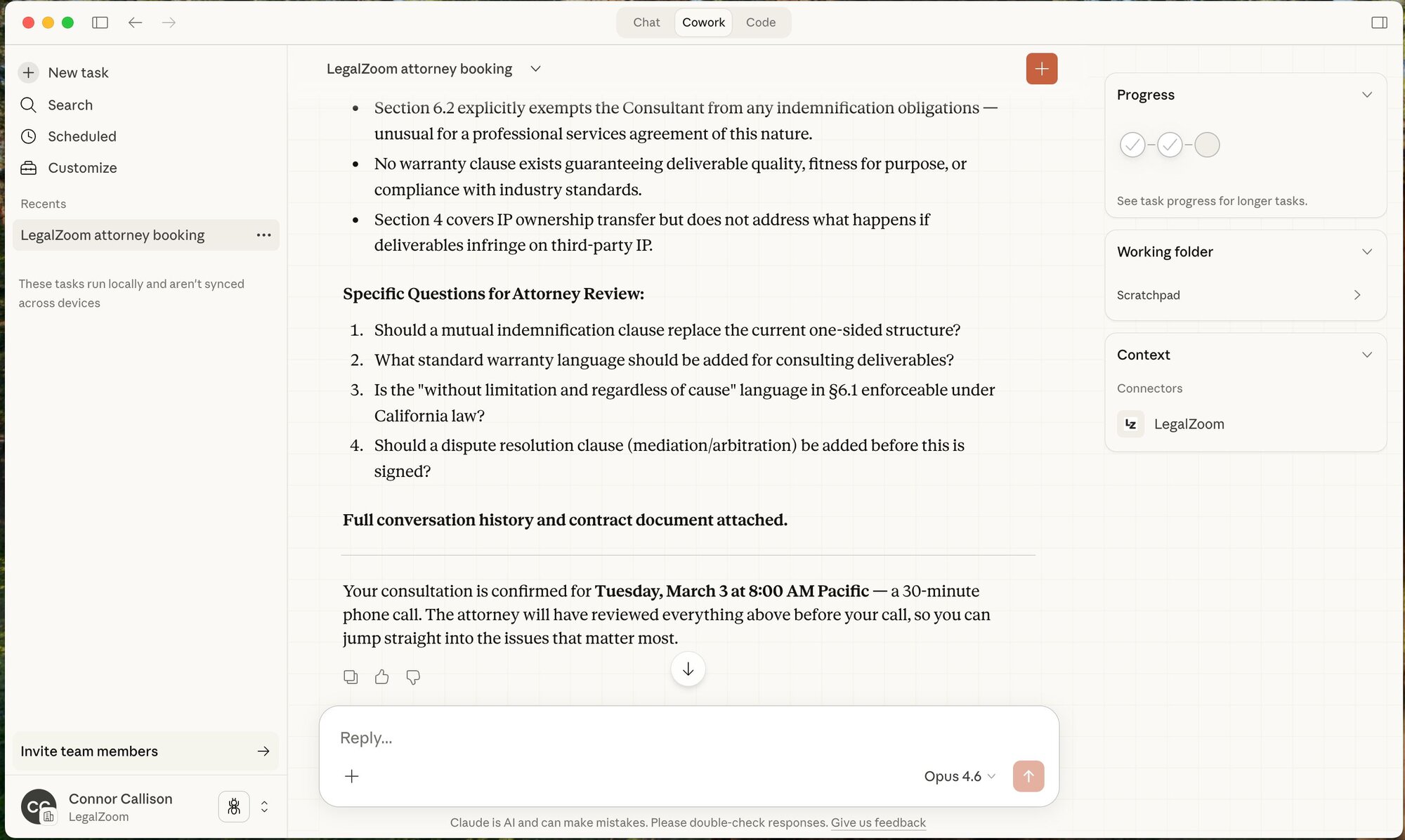 A screenshot of the Claude LegalZoom Connector in practice.