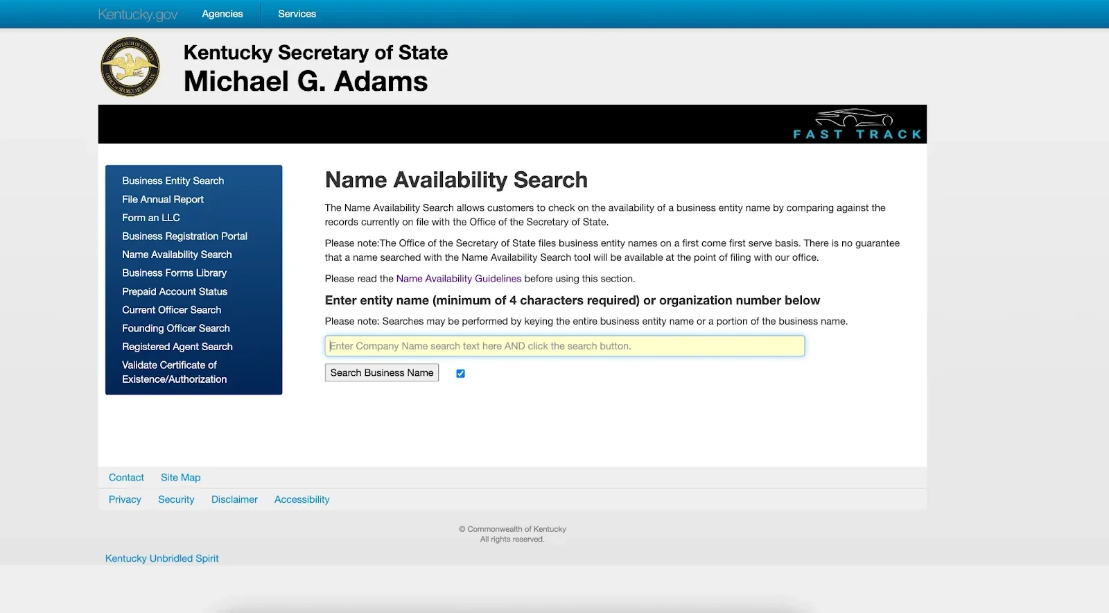 Screenshot of the welcome page for Kentucky's business name search online.