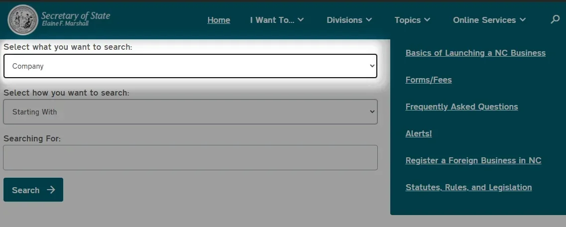 On the N.C. Secretary of State website, you can search business names by different criteria. In this case, the word "Company" is highlighted.