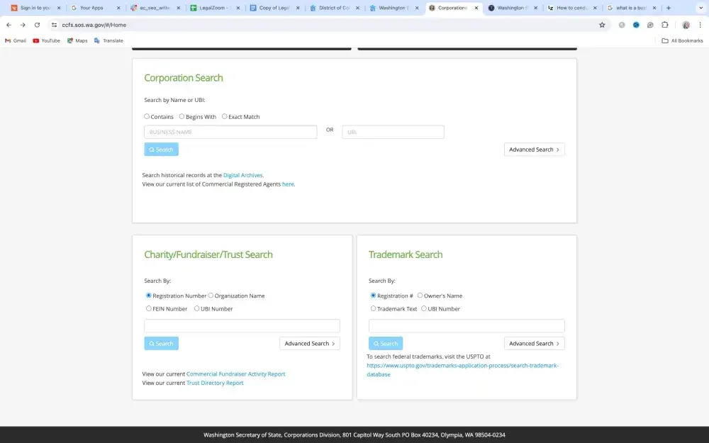 On this page of the Washington Secretary of State Corporations and Charities System website, you can do an advanced search.