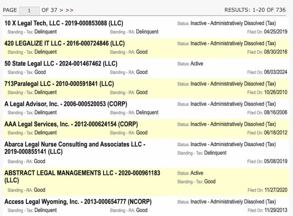 The search results for the word "Legal" on the Wyoming business search page.