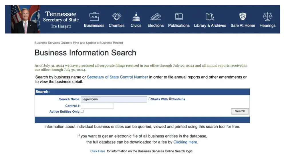 When you click on the link "Business Information Search," you are taken to a separate page with more search options.