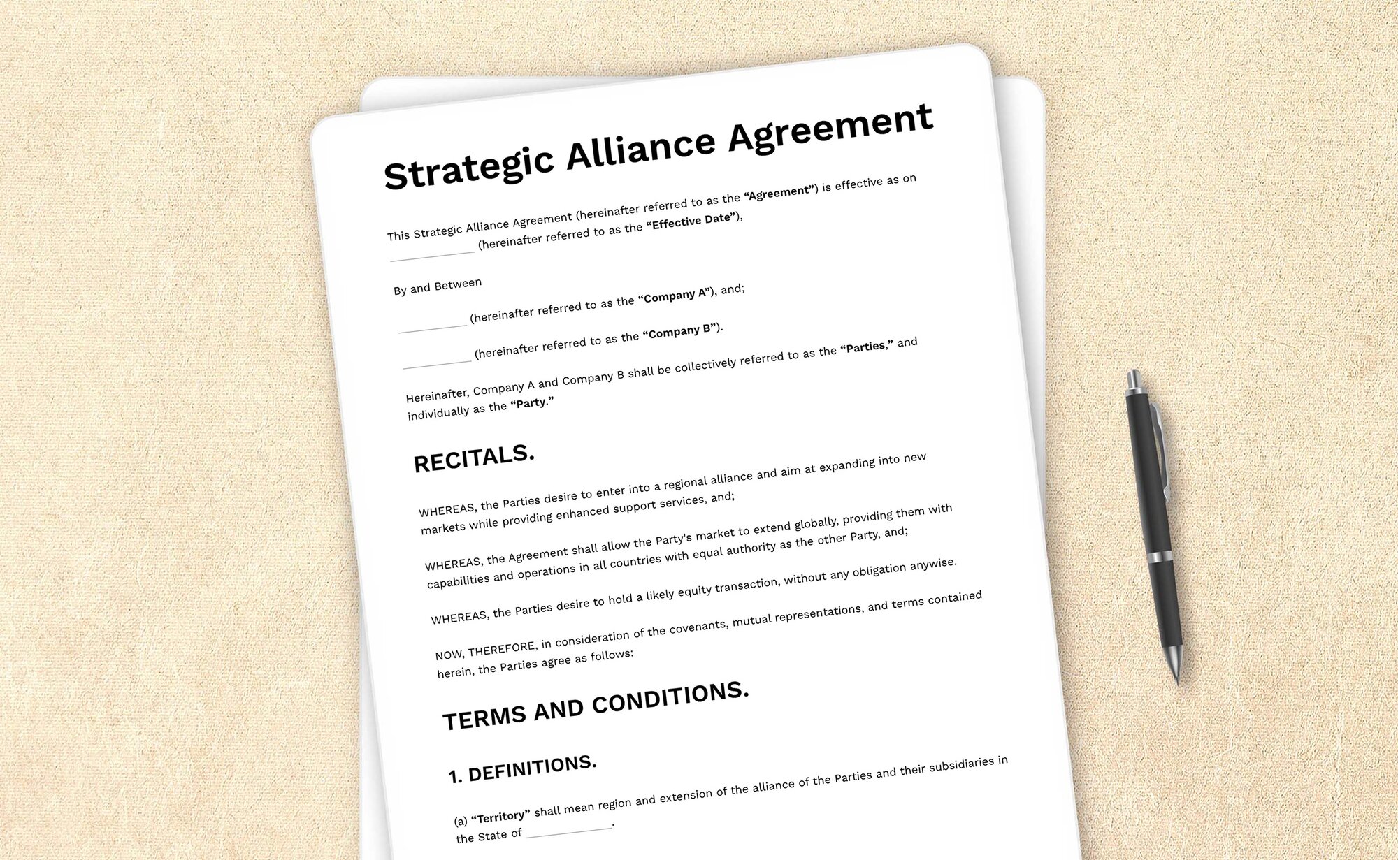 Template for a strategic alliance agreement between businesses outlining partnership terms.