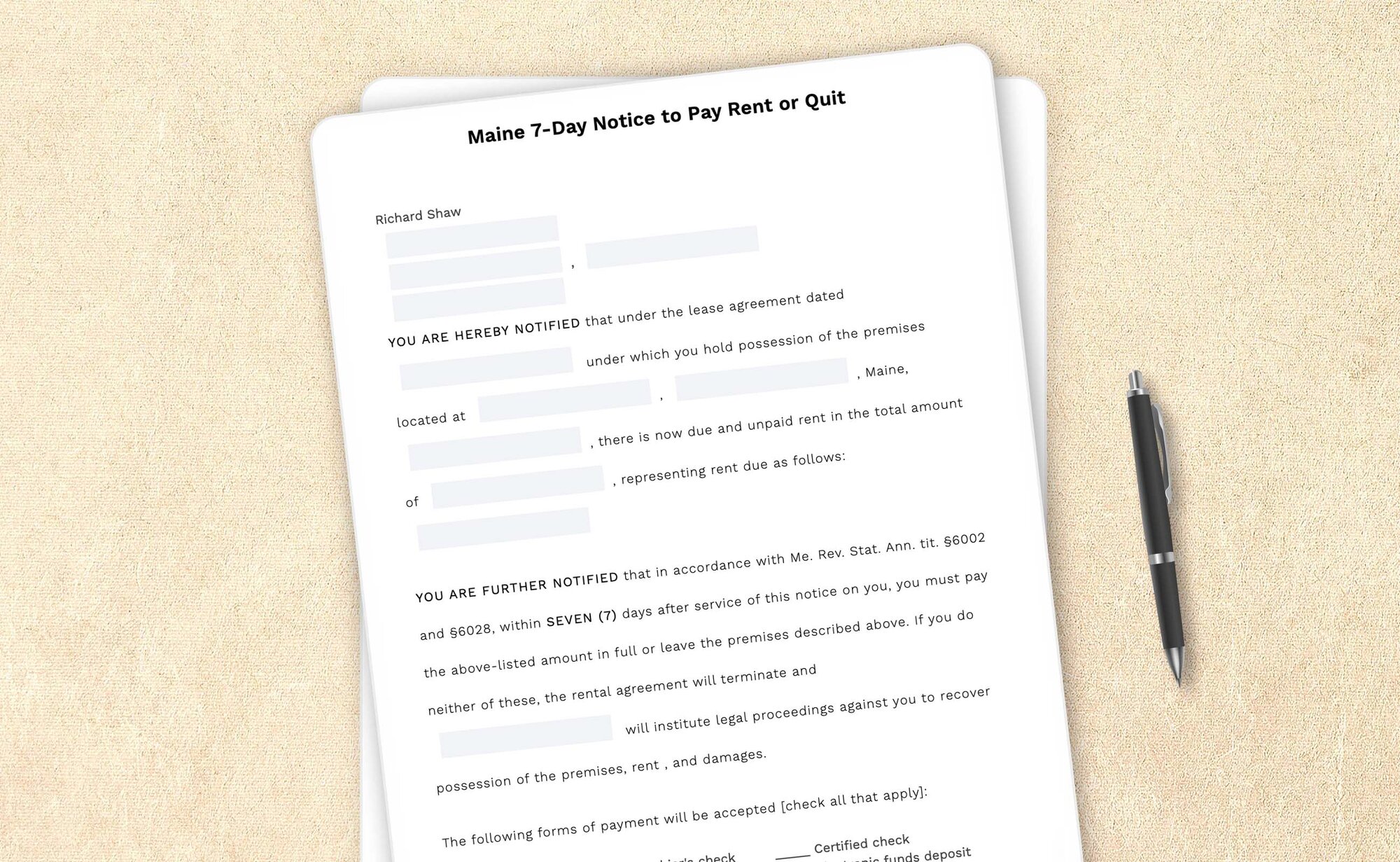 Maine seven-day notice to pay rent or quit template by LegalZoom. Create and download notices easily!