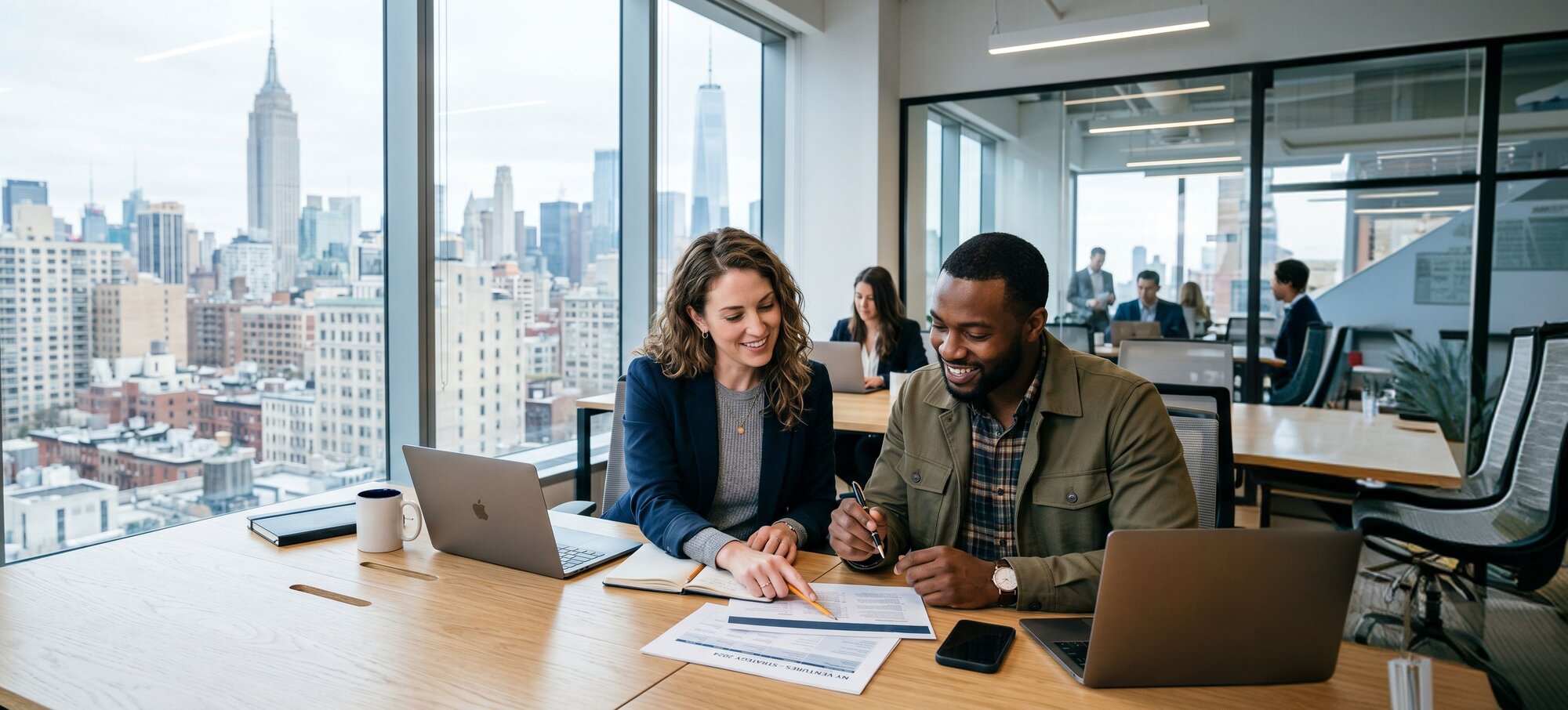 A man and woman review documents.