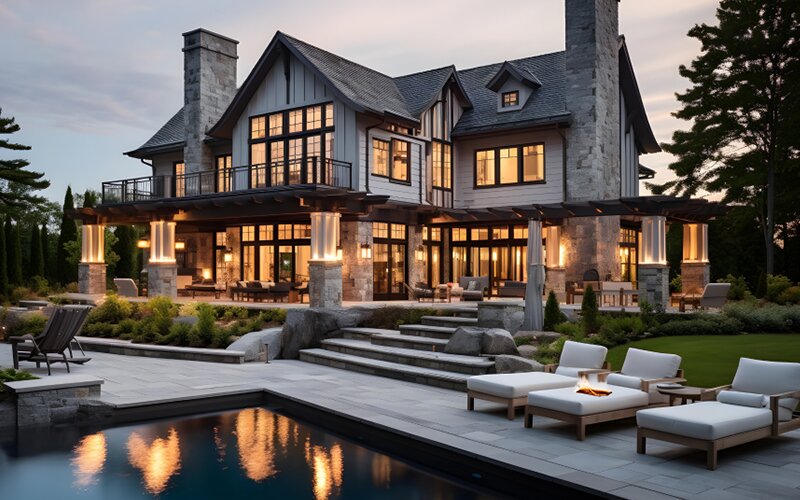 An image of a lighted bungalow with a pool in the backyard. 