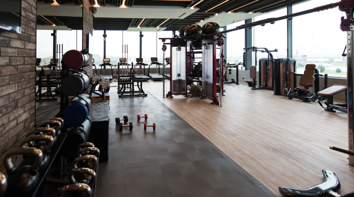 A modern gym with free weights and machines