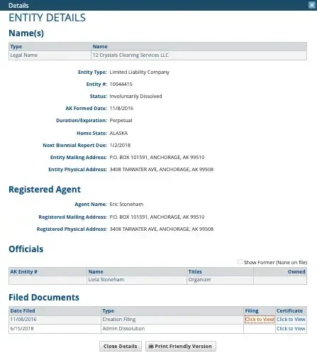 When you click on an entity name, you can see details about the company including status, address, and registered agent.