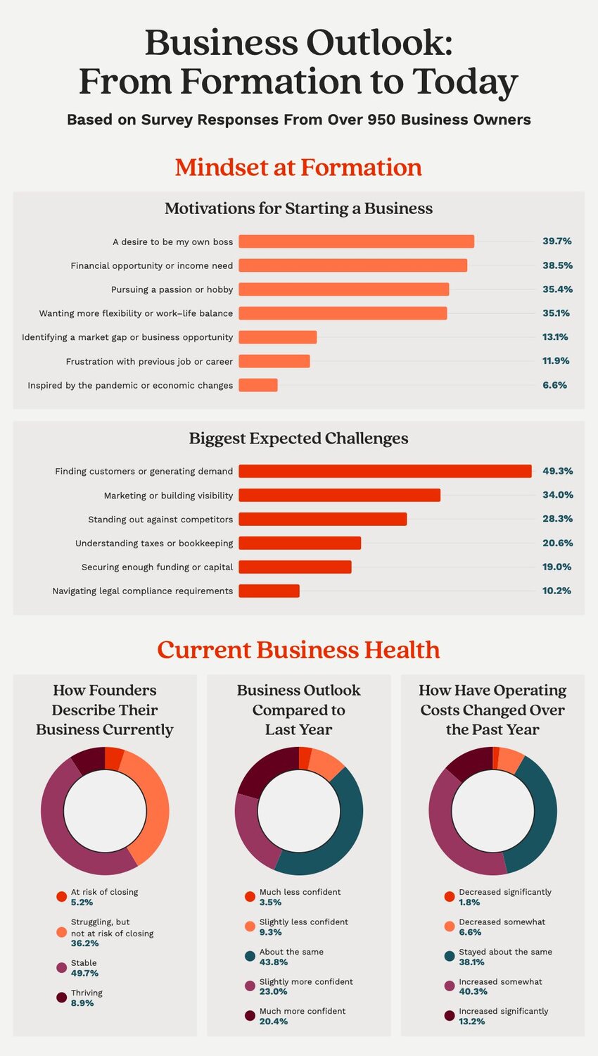 An infographic illustrating survey insights that show what founders’ mindset was when they opened their business and how things are going currently.