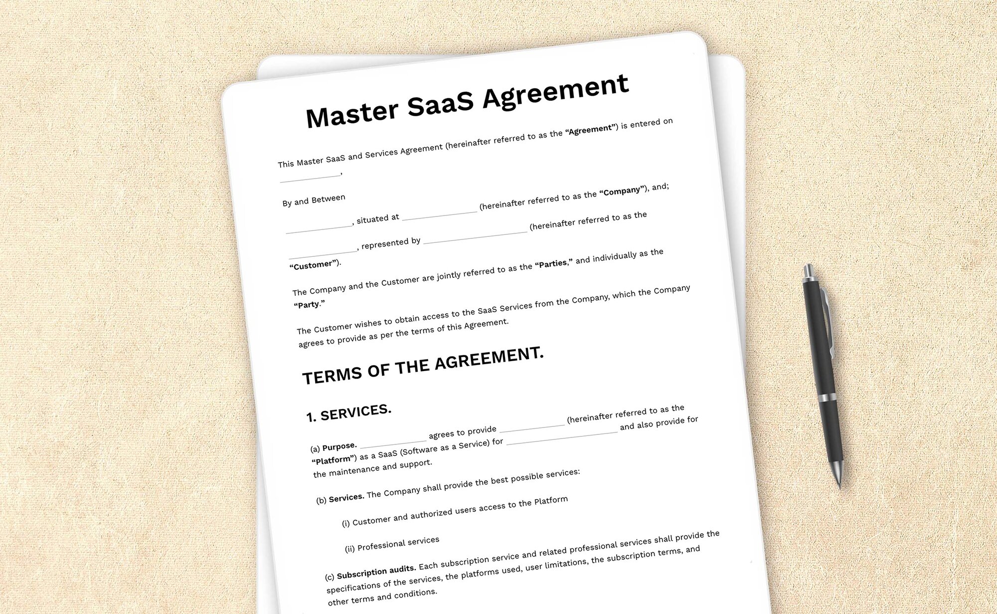 Template for a master SaaS and services agreement governing cloud services and support.