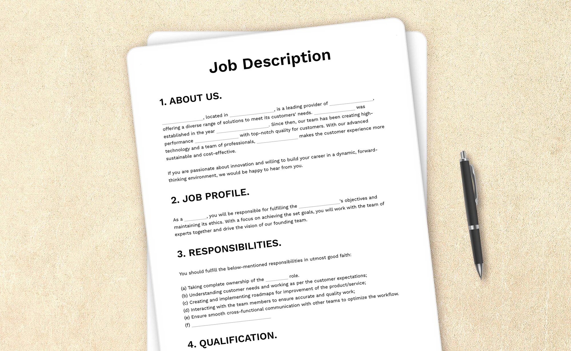 Sample job description template specifying roles, responsibilities, and qualifications for a position.