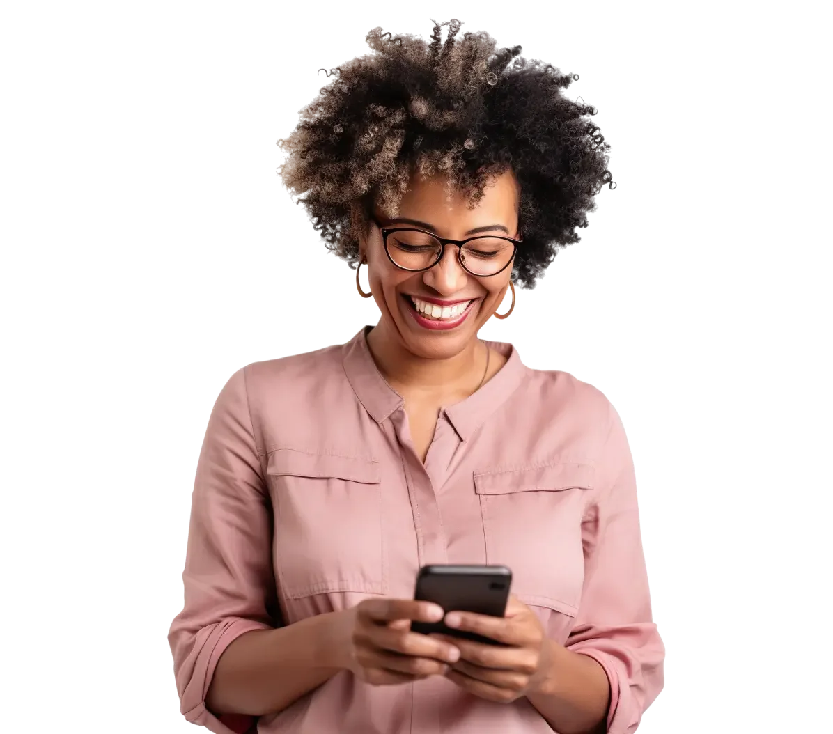 a woman wearing glasses smiles down at her phone
