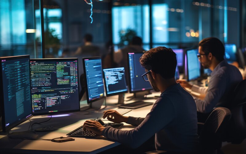 An image of a group of developers working on software codes on their monitors.