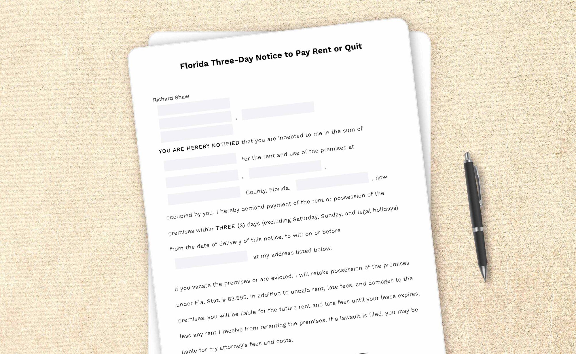 Florida three-day notice to pay rent or quit template by LegalZoom. Create and download notices easily!